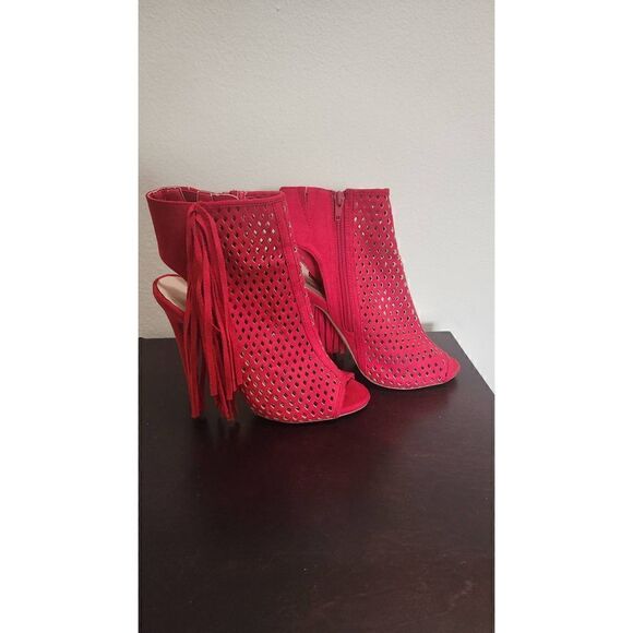 JustFab Tila, Vegan Suede Red  Peep Toe and Heel Side Zip Ankle Bootie, 8.5 - Picture 6 of 8